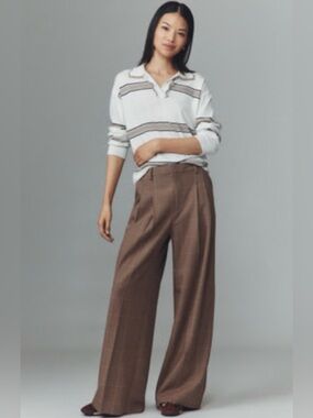 Maeve Brown Houndstooth Pleated Trousers with Blush Trim